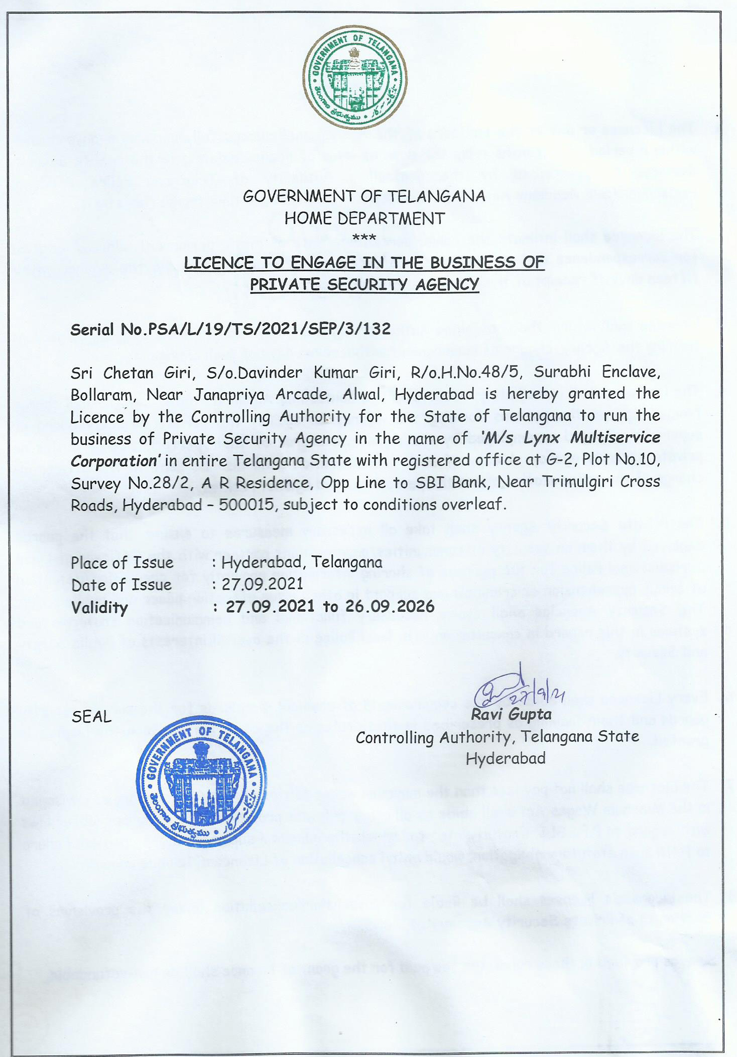 security-licence security guard agency in telangana